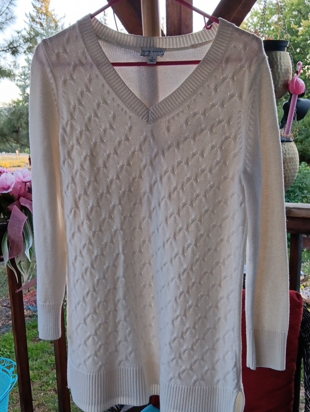 Susan Graver White V-Neck Cable Knit Tunic Sweater